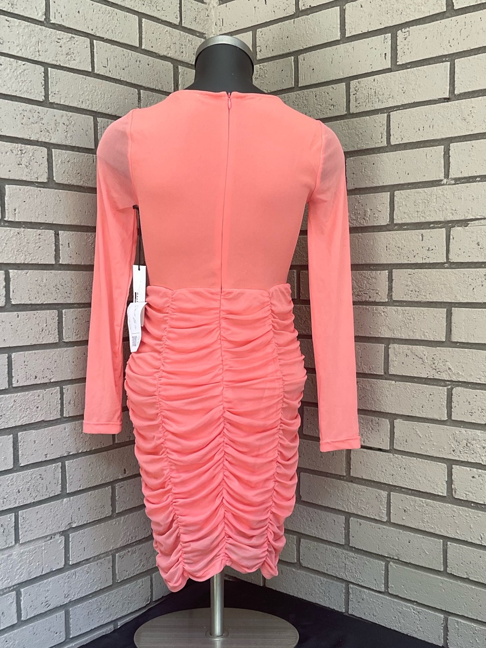 Haute Monde Coral Pink Long-Sleeve Ruched Bodycon Dress